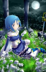 Rule 34 | 1girl, absurdres, bare shoulders, blue eyes, blue hair, cape, detached sleeves, highres, looking at viewer, mahou shoujo madoka magica, miki sayaka, miki sayaka (magical girl), outdoors, sengoku chidori, solo, sword, weapon