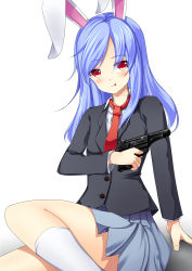 Rule 34 | 1girl, :p, alternate hair color, animal ears, black jacket, blazer, blue hair, blue skirt, blush, closed mouth, collared shirt, commentary request, cookie (touhou), feet out of frame, gun, handgun, highres, hisui (cookie), holding, holding gun, holding weapon, jacket, long hair, looking at viewer, necktie, pistol, rabbit ears, red eyes, red necktie, reisen udongein inaba, shirt, skirt, smile, socks, solo, szk, tongue, tongue out, touhou, weapon, white background, white shirt, white socks