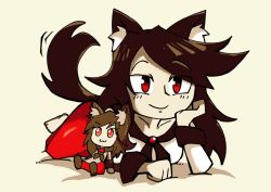 Rule 34 | 1girl, animal ears, barefoot, brooch, brown hair, collarbone, doll, double dealing character, dress, head on hand, imaizumi kagerou, jewelry, long hair, long sleeves, looking at viewer, lying, monster girl, on stomach, red eyes, setz, smile, solo, tail, tail wagging, touhou, werewolf, wide sleeves, wolf ears, wolf tail