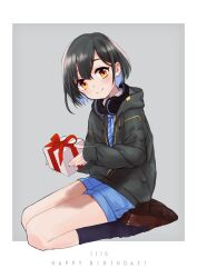 Rule 34 | 1girl, absurdres, black hair, blue hair, blush, box, colored inner hair, dated, gift, gift box, happy birthday, headphones, headphones around neck, highres, holding, holding gift, hood, hoodie, indie virtual youtuber, loafers, long sleeves, looking at viewer, multicolored hair, naname (7name), necktie, seiza, shoes, short hair, shorts, sitting, sleeves past wrists, smile, socks, solo, striped necktie, tsuzuru takamori, two-tone hair, virtual youtuber, yellow eyes