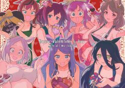 6+girls @_@ animal_ears apron black_hair blonde_hair blue_eyes blush breasts brown_hair chocolate cleavage closed_mouth collarbone ear_covers gift hair_between_eyes hair_ornament happy_valentine heart horse_ears horse_girl horse_tail large_breasts light_hello_(umamusume) looking_at_viewer manhattan_cafe_(umamusume) medium_hair mejiro_mcqueen_(umamusume) multiple_girls naked_apron narita_top_road_(umamusume) nice_nature_(umamusume) open_mouth pink_hair purple_hair red_hair sakura_chiyono_o_(umamusume) sauce simple_background small_breasts smile steaming_body sweat tail tsubaki09 umamusume