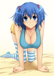 Rule 34 | 1girl, all fours, bad id, bad pixiv id, bed, blue eyes, blue hair, blue nails, blue shirt, breasts, chiro, cleavage, contemporary, female focus, hair bobbles, hair ornament, hanging breasts, kawashiro nitori, large breasts, looking at viewer, matching hair/eyes, nail polish, no headwear, no shoes, on bed, patterned legwear, revision, shirt, short hair, shorts, smile, socks, solo, striped clothes, striped socks, striped thighhighs, thighhighs, touhou, twintails, two-tone stripes, two side up, white socks, white stripes