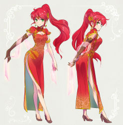 Rule 34 | 1girl, alternate costume, armlet, ass, breasts, brown gloves, china dress, chinese clothes, cleavage, commentary, contrapposto, crown, dress, earrings, elbow gloves, floating hair, gloves, green eyes, headpiece, high heels, highres, iesupa, jewelry, leaning forward, legs, long hair, medium breasts, multiple views, ponytail, pumps, pyrrha nikos, red dress, red hair, rwby, shawl, side slit, single elbow glove, single glove, smile, very long hair