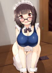 Rule 34 | 1girl, all fours, apron, bare shoulders, blue one-piece swimsuit, blush, breasts, brown eyes, brown hair, cleavage, embarrassed, glasses, hair ornament, hairclip, highres, large breasts, looking at viewer, maid apron, mole, mole under eye, new school swimsuit, ochinsama, one-piece swimsuit, original, school swimsuit, short hair, solo, swimsuit, thighhighs, waist apron, wet, white apron, white thighhighs, wrist cuffs, x hair ornament