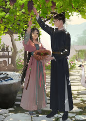 Rule 34 | 1boy, basket, bird, book, changpao, chinese clothes, couple, dress, duck, flower, food, from side, fruit, full body, grapes, hanfu, highres, jade pendant, jar, light rays, loli bushi, long hair, long sleeves, looking up, open mouth, original, outdoors, pink dress, profile, smile, standing, sunbeam, sunlight, tassel