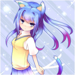 1girl animal_ears blue_hair cat_ears cat_tail female_focus kotaka long_hair looking_at_viewer solo sword_x_sword tail