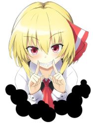 Rule 34 | 1girl, ascot, blonde hair, bow, collared shirt, commentary request, fingersmile, hair between eyes, hair bow, hands up, long sleeves, looking at viewer, one-hour drawing challenge, red bow, red eyes, rumia, sharp teeth, shirt, simple background, solo, teeth, tirotata, touhou, upper body, white background, white shirt