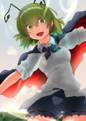Rule 34 | 1girl, absurdres, antennae, bad id, bad pixiv id, black cape, black pants, cape, collared shirt, green eyes, green hair, hair over one eye, highres, light particles, looking at viewer, open mouth, outdoors, outstretched arms, pants, ribbon-trimmed pants, shirokaba114, shirt, short hair, short sleeves, sky, smile, solo, spread arms, sunset, teeth, touhou, upper body, white shirt, wriggle nightbug
