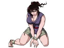 Rule 34 | 00s, 1girl, ankle wrap, basilisk (manga), breasts, brown hair, cleavage, grin, japanese clothes, large breasts, official art, okoi, ponytail, sandals, segawa masaki, shorts, smile, solo, squatting