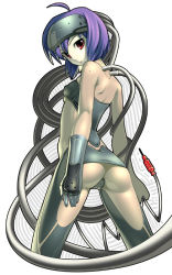 Rule 34 | 00s, 1girl, ahoge, artist request, ass, bare shoulders, blue hair, bodysuit, breasts, cable, cyborg, covered erect nipples, from behind, ghost in the shell, ghost in the shell stand alone complex, gloves, head-mounted display, kusanagi motoko, looking back, maebari, midriff, plugged into flesh, plugsuit, purple hair, red eyes, revealing clothes, short hair, small breasts, solo, source request, underboob, visor, wire