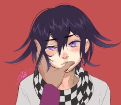 Rule 34 | 2boys, blush, checkered clothes, checkered scarf, commentary, danganronpa (series), danganronpa v3: killing harmony, english commentary, eyelashes, flipped hair, hair between eyes, half-closed eye, hand on another&#039;s face, highres, long sleeves, looking at viewer, male focus, momota kaito, multiple boys, nose blush, oma kokichi, parted lips, portrait, purple eyes, purple hair, red background, scarf, septimo dante, short hair, signature, solo focus, sweat, yaoi