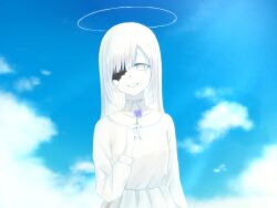 Rule 34 | 1girl, blue sky, cloud, colored skin, commentary request, cracked skin, dress, flower, halo, highres, holding, holding flower, k-d, long hair, long sleeves, looking at viewer, neck ribbon, one-eyed, original, parted lips, ribbon, sky, smile, solo, upper body, white dress, white eyes, white hair, white ribbon, white skin