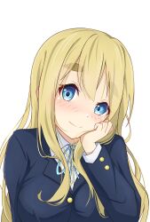 Rule 34 | 1girl, absurdres, black jacket, blazer, blonde hair, blue eyes, blue ribbon, blush, breasts, collared shirt, commentary request, hand on own cheek, hand on own face, highres, jacket, k-on!, kotobuki tsumugi, large breasts, long hair, long sleeves, looking at viewer, medium breasts, neck ribbon, ribbon, sakuragaoka high school uniform, school uniform, shirt, solo, thick eyebrows, upper body, white shirt, winter uniform, yasuc