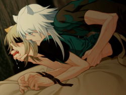 Rule 34 | 2boys, anal, animal ears, bdsm, bent over, blindfold, blonde hair, blue eyes, bondage, bound, cat boy, cat ears, clothed sex, fangs, finger in another&#039;s mouth, game cg, konoe (lamento), lamento, male focus, male penetrated, multiple boys, rai (lamento), saliva, sex, tongue, white hair, yaoi
