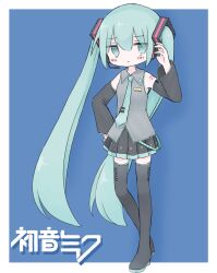Rule 34 | aqua eyes, aqua hair, aqua necktie, bare shoulders, black footwear, black skirt, black sleeves, blue background, blush, boots, border, character name, closed mouth, collared shirt, detached sleeves, full body, grey shirt, hair ornament, hand on own hip, hand up, hatsune miku, headset, highres, kanikan, long hair, long sleeves, looking at viewer, miniskirt, necktie, outside border, pleated skirt, shirt, simple background, skirt, sleeveless, sleeveless shirt, standing, straight hair, thigh boots, thighhighs, tie clip, twintails, very long hair, vocaloid, white border, zettai ryouiki