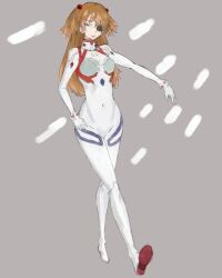 Rule 34 | 1girl, absurdres, artist request, bodysuit, breasts, evangelion: 3.0+1.0 thrice upon a time, eyepatch, full body, highres, interface headset, long hair, looking at viewer, medium breasts, neon genesis evangelion, pilot suit, plugsuit, rebuild of evangelion, simple background, solo, souryuu asuka langley, white bodysuit, wide hips