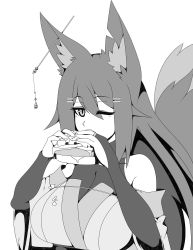 Rule 34 | 1girl, animal ear fluff, animal ears, borrowed character, breasts, bridal gauntlets, eyes visible through hair, food, fox ears, greyscale, hair between eyes, hair ornament, hairpin, highres, holding, holding food, huge breasts, kiri (sub-res), long hair, looking at viewer, monochrome, one eye closed, original, reddgeist, sandwich, simple background, slit pupils, solo, upper body, white background