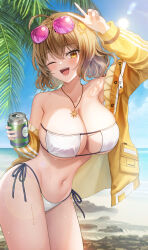 Rule 34 | 1girl, :d, absurdres, ahoge, anis (nikke), anis (sparkling summer) (nikke), bare shoulders, beach, bikini, blonde hair, blush, breasts, cleavage, contrapposto, cowboy shot, day, eyepatch bikini, eyewear on head, goddess of victory: nikke, highres, holding, jacket, jewelry, large breasts, looking at viewer, midriff, navel, necklace, ocean, off-shoulder jacket, off shoulder, official alternate costume, one eye closed, open mouth, outdoors, palm leaf, pink-tinted eyewear, ppudang, sand, short hair, side-tie bikini bottom, smile, solo, standing, string bikini, sunglasses, swimsuit, tinted eyewear, v, water, white bikini, yellow eyes, yellow jacket