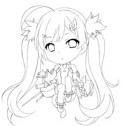 Rule 34 | 1girl, ahoge, azur lane, bare shoulders, chibi, detached sleeves, dot mouth, dress, eldridge (azur lane), full body, gyaza, hair ornament, hand up, lineart, long hair, long sleeves, looking at viewer, monochrome, rigging, sitting, sleeveless, sleeveless dress, solo, thighhighs, twintails, very long hair