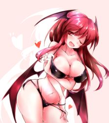Rule 34 | 1girl, bikini, black bikini, breasts, cleavage, collarbone, come hither, demon girl, demon wings, fangs, fumitsuki (minaduki 6), head wings, heart, koakuma, large breasts, long hair, navel, one eye closed, open mouth, red eyes, red hair, simple background, smile, solo, strap pull, sweat, swimsuit, touhou, very long hair, wings