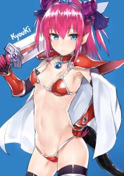 Rule 34 | 10s, 1girl, armor, artist name, bikini armor, blue background, blue eyes, breasts, cape, elizabeth bathory (brave) (fate), elizabeth bathory (fate), fang, fang out, fate/extra, fate/extra ccc, fate/grand order, fate (series), gauntlets, hand on own hip, highres, holding, holding sword, holding weapon, horns, kyouki, looking at viewer, loose bikini, navel, pink hair, pointy ears, red armor, shoulder armor, simple background, small breasts, solo, sword, tail, tiara, weapon