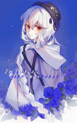 1girl arknights bad_id bad_pixiv_id black_hat blue_background blue_flower blue_rose braid chinese_commentary closed_mouth commentary_request cross cross_necklace dated flower from_side hair_between_eyes happy_birthday hat highres jacket jewelry light_particles light_smile long_hair looking_at_viewer looking_back necklace official_alternate_costume red_eyes red_pupils rose scarf single_braid solo specter_(arknights) specter_(undercurrent)_(arknights) theta_(swfh8575) very_long_hair white_background white_hair white_jacket white_scarf