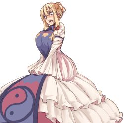 Rule 34 | 1girl, alternate hairstyle, blonde hair, bow, breasts, breasts squeezed together, crying, dress, female focus, hair bow, hair bun, hair up, highres, huge breasts, long dress, no headwear, short hair, simple background, single hair bun, solo, tears, touhou, un:coo (nit), white background, yakumo yukari, yin yang