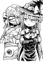 Rule 34 | 2girls, akemi homura, bandage on face, bandages, bare shoulders, bow, bowtie, cosplay, crossed arms, detached sleeves, earrings, embarrassed, hair bow, halloween costume, hat, hat bow, highres, jewelry, long hair, looking at another, mahou shoujo madoka magica, mahou shoujo madoka magica: walpurgis no kaiten, miki sayaka, monochrome, multiple girls, mummy costume, navel, open mouth, sketch, soul gem, standing, witch, witch hat, youichi82880400