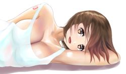 Rule 34 | 00s, 1girl, artist name, bare shoulders, breasts, brown eyes, brown hair, cleavage, highres, koba (furikake-p), large breasts, looking at viewer, lying, matching hair/eyes, meiko (vocaloid), no bra, on side, open mouth, shadow, short hair, simple background, smile, solo, tattoo, vocaloid, white background