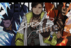Rule 34 | 1boy, apex legends, black eyes, black gloves, black hair, black jacket, black shirt, copyright name, crypto (apex legends), fingerless gloves, fire, gloves, green vest, head tilt, highres, ice, jacket, jewelry, letterboxed, looking at viewer, looking down, male focus, multicolored hair, multiple views, navel, necklace, official alternate costume, open hand, open mouth, red hair, rising phoenix crypto, shirt, streaked hair, the hired gun crypto, tsukura sae, undercut, vest, white jacket