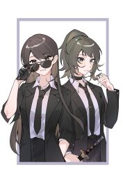 Rule 34 | 2girls, absurdres, adjusting eyewear, bang dream!, bang dream! it&#039;s mygo!!!!!, black choker, black gloves, black jacket, black necktie, black pants, black suit, brown hair, chinese commentary, choker, closed mouth, collared shirt, commentary request, commission, earrings, formal, gloves, green eyes, hand in own hair, highres, holding, holding sword, holding weapon, jacket, jewelry, katana, long hair, looking at viewer, multiple girls, necktie, outside border, pants, parted lips, purple eyes, second-party source, shiina taki, shirt, suit, sunglasses, sword, tsumalan, weapon, white shirt, yahata umiri