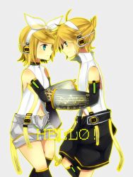 Rule 34 | 1boy, 1girl, aqua eyes, bad id, bad pixiv id, blonde hair, brother and sister, detached sleeves, hair ornament, hair ribbon, hairclip, headphones, kagamine len, kagamine len (append), kagamine rin, kagamine rin (append), navel, ribbon, short hair, shorts, siblings, smile, tetta, twins, vocaloid, vocaloid append