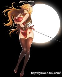 Rule 34 | 1girl, animal ears, backlighting, bad id, bad pixiv id, bare shoulders, black background, blonde hair, breast rest, breasts, brown hair, brown thighhighs, cleavage, covered erect nipples, fake animal ears, floating hair, full body, full moon, ginko (silver fox), green eyes, highleg, hip focus, lace, lace-trimmed legwear, lace trim, large breasts, legs, leotard, light smile, long hair, looking at viewer, moon, moonlight, original, playboy bunny, rabbit ears, rapier, red footwear, shiny clothes, shiny skin, shoes, smile, solo, standing, sword, thighhighs, thighs, very long hair, watermark, weapon, web address, wind