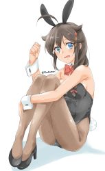 Rule 34 | 1girl, absurdres, ahoge, alternate costume, animal ears, black footwear, black leotard, blue eyes, bow, bowtie, braid, breasts, brown hair, brown pantyhose, detached collar, embarrassed, full body, hair flaps, hair ornament, hair over shoulder, high heels, highres, kantai collection, leotard, maonatten, medium breasts, one-hour drawing challenge, pantyhose, playboy bunny, rabbit ears, rabbit tail, red bow, red bowtie, shigure (kancolle), shigure kai ni (kancolle), simple background, single braid, sitting, solo, strapless, strapless leotard, tail, white background, wrist cuffs