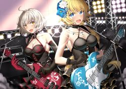 Rule 34 | 2girls, :d, adapted costume, akae neo, bare shoulders, black dress, black gloves, blonde hair, blue flower, blush, braid, breasts, brown eyes, cleavage, collarbone, commentary request, dress, elbow gloves, electric guitar, fate/grand order, fate (series), flower, gloves, guitar, hair between eyes, hair flower, hair ornament, holding, holding instrument, instrument, jeanne d&#039;arc (fate), jeanne d&#039;arc (formal dress) (fate), jeanne d&#039;arc (ruler) (fate), jeanne d&#039;arc alter (avenger) (fate), jeanne d&#039;arc alter (fate), large breasts, long hair, looking at viewer, microphone, multiple girls, open mouth, sidelocks, silver hair, single braid, sleeveless, sleeveless dress, smile, stage lights, very long hair, white flower