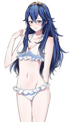 Rule 34 | 1girl, alternate costume, ameno (a meno0), bikini, blue eyes, blue hair, blush, breasts, cleavage, collarbone, commentary request, fire emblem, fire emblem awakening, hair between eyes, jewelry, lips, long hair, lucina (fire emblem), medium breasts, navel, nintendo, pink lips, simple background, smile, solo, stomach, swimsuit, tiara, white background, white bikini