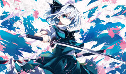 Rule 34 | 1girl, ascot, black hairband, blue eyes, closed mouth, collared shirt, commentary, green ascot, green skirt, green vest, hairband, highres, holding, holding sheath, holding sword, holding weapon, katana, konpaku youmu, looking at viewer, sheath, shirt, skirt, skirt set, solo, sword, touhou, unsheathed, vest, weapon, white hair, white shirt, yamanakaume