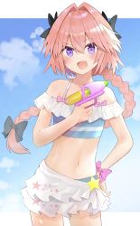 Rule 34 | 1boy, :d, astolfo (fate), astolfo (sparkling frills) (fate), bad id, bad twitter id, bare shoulders, bikini, black bow, blue bikini, blue sky, blush, bow, braid, cloud, collarbone, commentary, cowboy shot, day, fang, fate/extella, fate/extella link, fate/extra, fate (series), floating hair, hair between eyes, hair bow, hair intakes, hand on own hip, highres, holding, holding water gun, kusumoto touka, long hair, looking at viewer, male focus, multicolored hair, navel, off-shoulder bikini, off shoulder, official alternate costume, open mouth, pink bow, pink hair, print skirt, purple eyes, single braid, skin fang, skirt, sky, smile, solo, standing, star (symbol), star print, streaked hair, swimsuit, water gun, white skirt, wrist bow