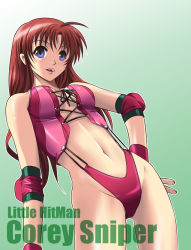 Rule 34 | 1girl, blue eyes, breasts, brown hair, corey sniper, corset, digdug006, elbow pads, female focus, long hair, open mouth, solo, text focus, wrestle angels, wrestle angels survivor, wrestle angels survivor 2, wrestling outfit
