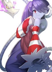 Rule 34 | 1girl, 2020, absurdres, asymmetrical hair, bare shoulders, black neckwear, blue hair, blue skin, breasts, breath weapon, breathing fire, colored skin, detached collar, detached sleeves, dress, fire, hair over one eye, highres, leviathan (skullgirls), medium breasts, neckwear request, red eyes, side ponytail, skeletal arm, skullgirls, smile, solo, squigly (skullgirls), stitched mouth, stitches, striped, striped sleeves, white background, ziu, zombie