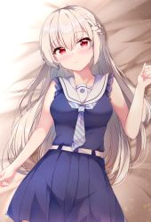 Rule 34 | 1girl, bare arms, bare shoulders, bed sheet, berkut (girly air force), blue dress, blush, braid, breasts, brown hair, closed mouth, commentary request, diagonal-striped clothes, diagonal-striped necktie, dress, fuuna, girly air force, hair between eyes, hand up, highres, long hair, looking at viewer, lying, medium breasts, necktie, on back, pleated dress, red eyes, sailor collar, sailor dress, sleeveless, sleeveless dress, smile, solo, striped clothes, very long hair, white sailor collar