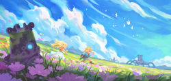 Rule 34 | 1boy, 1girl, absurdres, bird, blonde hair, blue sky, blue tunic, boots, cloud, dress, field, fingerless gloves, flower, gloves, good end, grass, guardian (zelda), happy, highres, link, meadow, mountainous horizon, nintendo, o hezzy, open mouth, princess zelda, running, scenery, sky, smile, strapless, strapless dress, the legend of zelda, the legend of zelda: breath of the wild, weapon, weapon on back, white dress