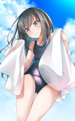 Rule 34 | 1girl, asashio (kancolle), bare shoulders, black hair, black one-piece swimsuit, blue sky, cloud, cloudy sky, collarbone, comah, commentary request, day, green eyes, head tilt, highres, holding, holding towel, kantai collection, long hair, old school swimsuit, one-piece swimsuit, outdoors, school swimsuit, sky, solo, standing, swimsuit, thigh gap, towel, very long hair