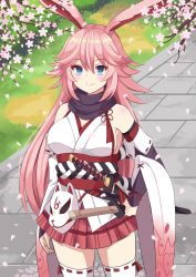 Rule 34 | 1girl, absurdres, animal ears, asusilver (artist), bare shoulders, blue eyes, branch, breasts, cherry blossoms, cleavage, closed mouth, fox ears, fox mask, grass, highres, holding, holding sword, holding weapon, honkai (series), honkai impact 3rd, japanese clothes, katana, long hair, looking at viewer, mask, miko, outdoors, petals, pink hair, pink skirt, sheath, sheathed, skirt, smile, solo, sword, thighhighs, tile floor, tiles, weapon, white sleeves, white thighhighs, yae sakura, yae sakura (gyakushinn miko)