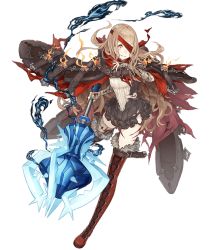 Rule 34 | 1girl, bandages, bandages, belt, belt buckle, blonde hair, blood, bloody bandages, boots, buckle, cloak, cross-laced footwear, deep wound, eyepatch, frills, full body, fur trim, grin, injury, ji no, red riding hood (sinoalice), looking at viewer, mace, official art, orange eyes, sinoalice, smile, solo, thigh boots, thighhighs, torn clothes, transparent background, weapon