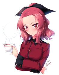 Rule 34 | 1girl, absurdres, alternate hairstyle, blush, brown eyes, closed mouth, commentary, cropped torso, crossed arms, cup, dated, epaulettes, girls und panzer, hair up, highres, holding, holding cup, jacket, kuzuryuu kennosuke, long sleeves, looking at viewer, medium hair, military, military uniform, red hair, red jacket, rosehip (girls und panzer), short ponytail, simple background, smile, solo, st. gloriana&#039;s military uniform, tea, teacup, team, twitter username, uniform, upper body, white background