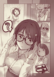 Rule 34 | !, &gt; &lt;, 2girls, :&lt;, ?, adjusting eyewear, arms up, bare arms, black bra, blush, bob cut, bra, breasts, buttons, closed mouth, collared shirt, comic, dress shirt, unworn eyewear, hair ornament, hairclip, hands on own head, hands up, holding, holding removed eyewear, long sleeves, looking at another, medium breasts, monochrome, multiple girls, necktie, original, parted bangs, rain, rotix, school uniform, see-through, serafuku, shirt, shirt tucked in, short hair, silent comic, spoken question mark, standing, surprised, swept bangs, triangle mouth, underwear, upper body, wet, wet clothes, wet shirt, wing collar