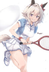 Rule 34 | 1girl, alternate costume, animal ears, blush, bow, breasts, curren chan (umamusume), ear bow, grey hair, hair intakes, hairband, highres, holding tennis racket, horse ears, horse girl, horse tail, impossible clothes, kannagiray, looking at viewer, miniskirt, open mouth, purple eyes, racket, shirt, shoes, short hair, short sleeves, skirt, small breasts, smile, sneakers, socks, solo, standing, standing on one leg, sweat, sweatband, tail, tennis racket, twitter username, umamusume, white background, white footwear, white skirt, white socks