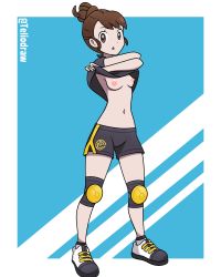 Rule 34 | 1girl, alternate hairstyle, armpits, arms up, artist name, black shirt, black shorts, breasts, brown eyes, brown hair, changing clothes, clenched hands, clothes lift, creatures (company), embarrassed, eyelashes, female focus, flat chest, full body, game freak, gloria (pokemon), hair bun, highres, knee pads, legs, looking at viewer, matching hair/eyes, medium hair, navel, nintendo, no bra, official alternate costume, official alternate hairstyle, official style, open mouth, pokemon, pokemon swsh, print shirt, print shorts, shiny clothes, shiny skin, shirt, shirt lift, shoes, short shorts, shorts, side bangs, side slit, side slit shorts, sidelocks, simple background, small breasts, sneakers, standing, surprised, t-shirt, teliodraw, thighs, undressing
