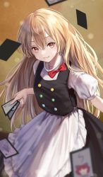 Rule 34 | 100th black market, 1girl, absurdres, apron, blonde hair, blurry, blurry background, blurry foreground, bow, buttons, card, depth of field, highres, holding, holding card, kirisame marisa, long hair, multicolored buttons, puffy short sleeves, puffy sleeves, red bow, short sleeves, torinari (dtvisu), touhou, waist apron